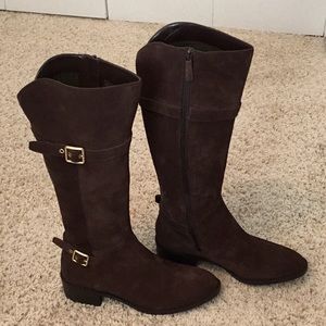Cole Han tall side zip brown suede leather waterproof boot, size 8